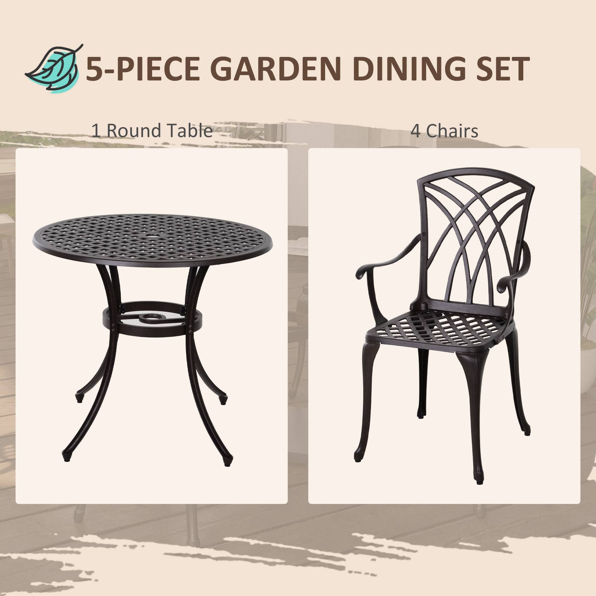 Outsunny 5 Pieces Garden Dining Set for 4, Cast Aluminium Outdoor Dining Set with 4 Armchairs and Round Dining Table with Parasol Hole, Garden Furniture Bistro Set, Brown