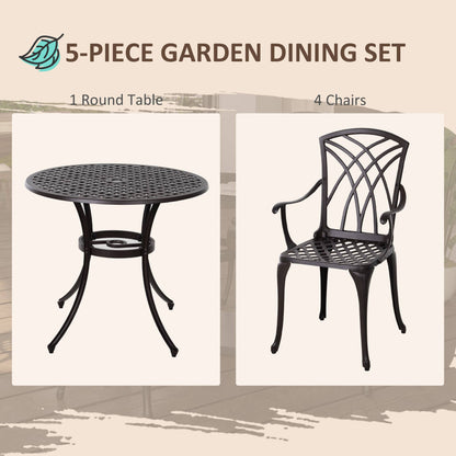 Outsunny 5 Pieces Garden Dining Set for 4, Cast Aluminium Outdoor Dining Set with 4 Armchairs and Round Dining Table with Parasol Hole, Garden Furniture Bistro Set, Brown