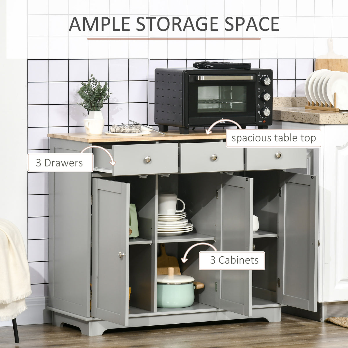 Sideboard with Rubberwood Top and Independent Storage Shelves for Dining Room, Kitchen - Grey