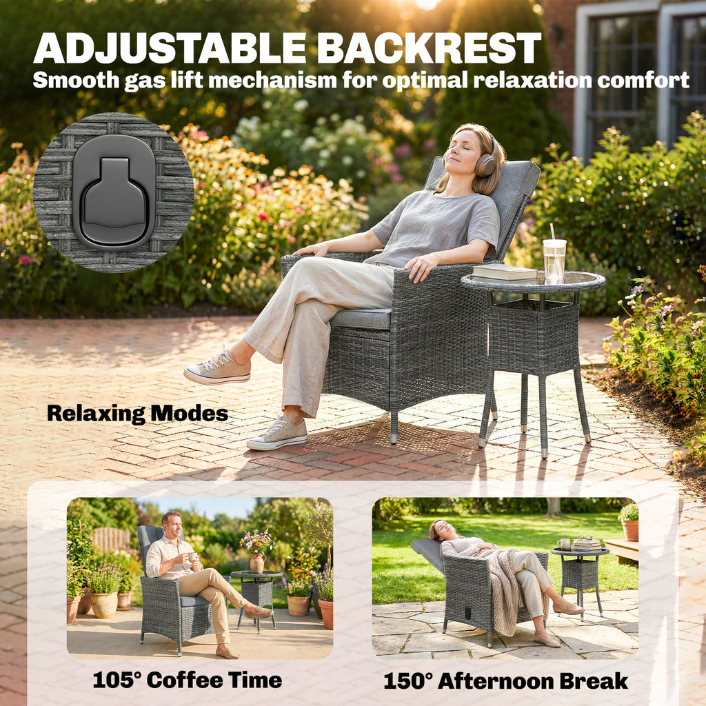 Outsunny Rattan Bistro Set, Reclining Garden Chairs and Glass Coffee Table with Cushions for Patio Balcony Porch, Grey