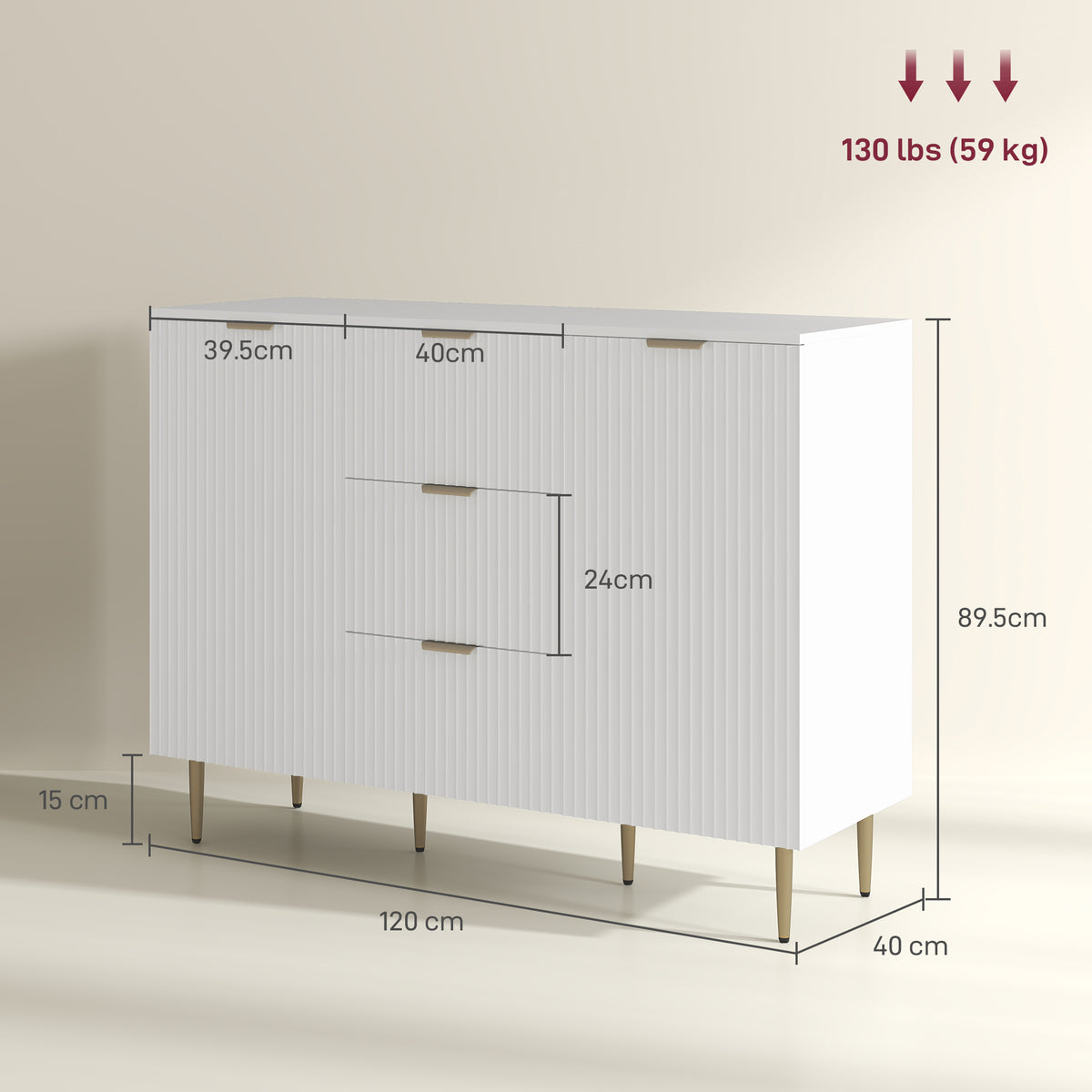2-Door Sideboard with 3 Drawers and Adjustable Shelves - White