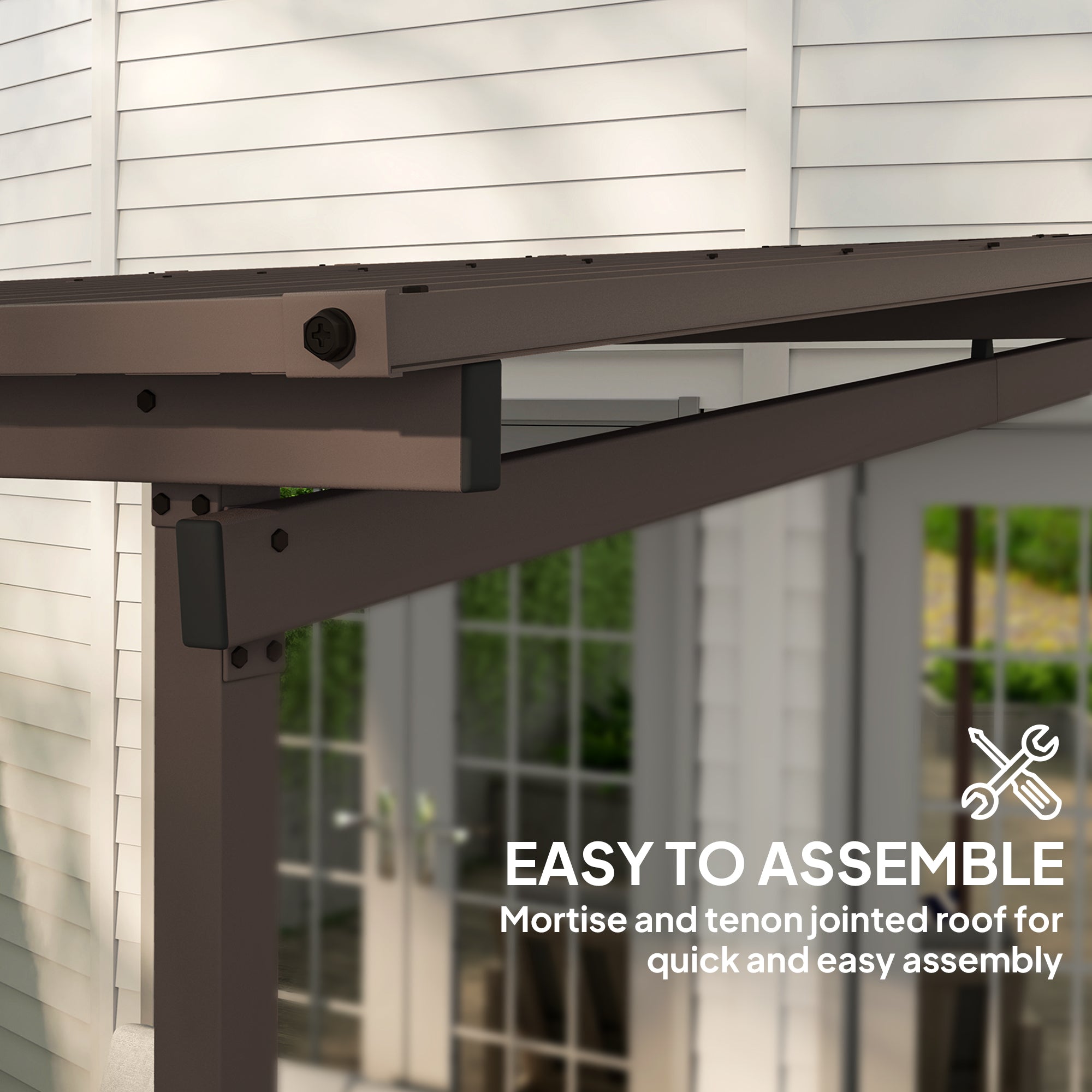 Outsunny 3 x 3(m) Garden Pergola with Waterproof Metal Roof, Lean to Pergola Hardtop Gazebo, Brown