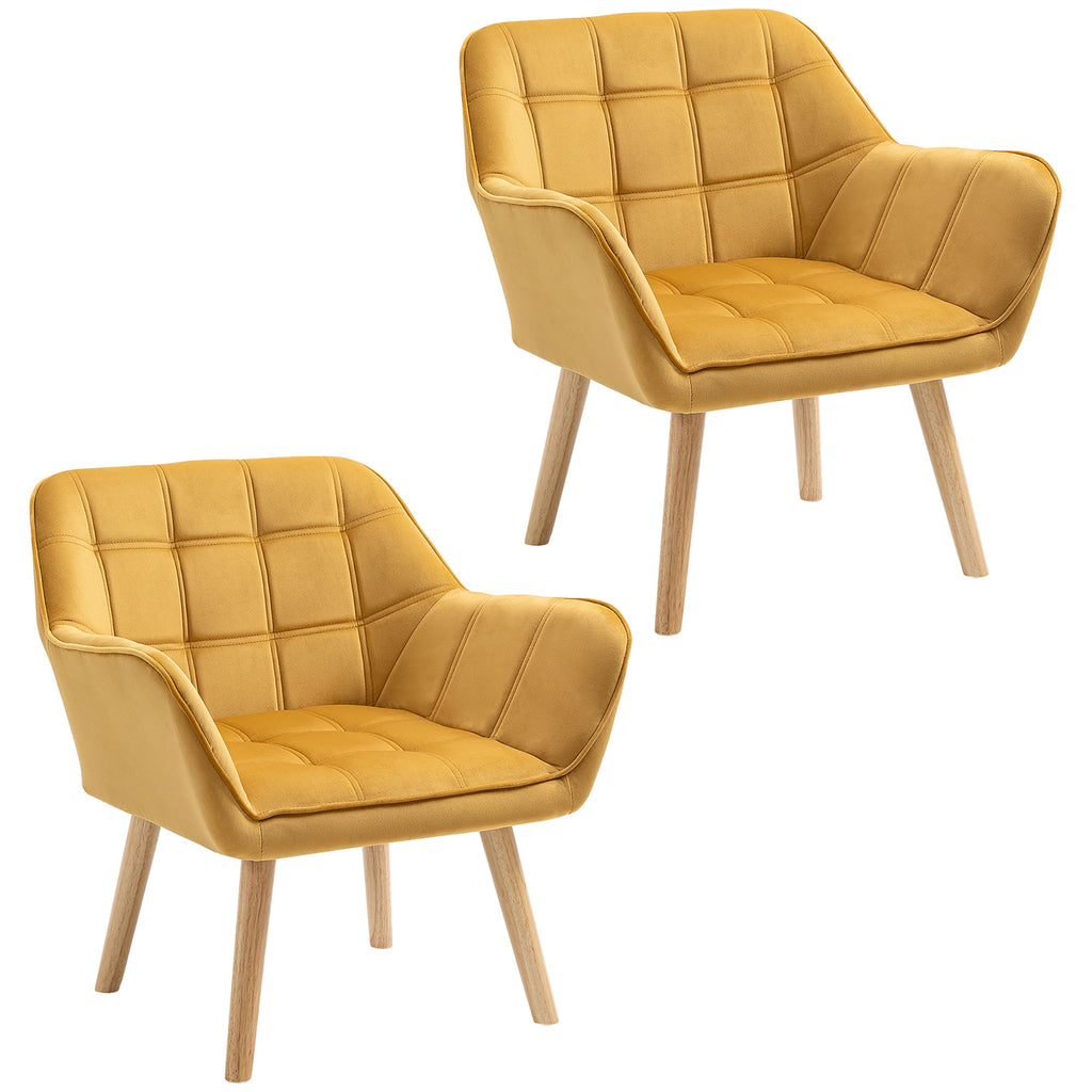 HOMCOM Accent Chair, Velvet Upholstered Vanity Tub Chair with Flared Armrests, Slanted Back, Solid Wood Legs, Comfy Padding Armchair, Home Bedroom Furniture Seating, Set of 2, Yellow