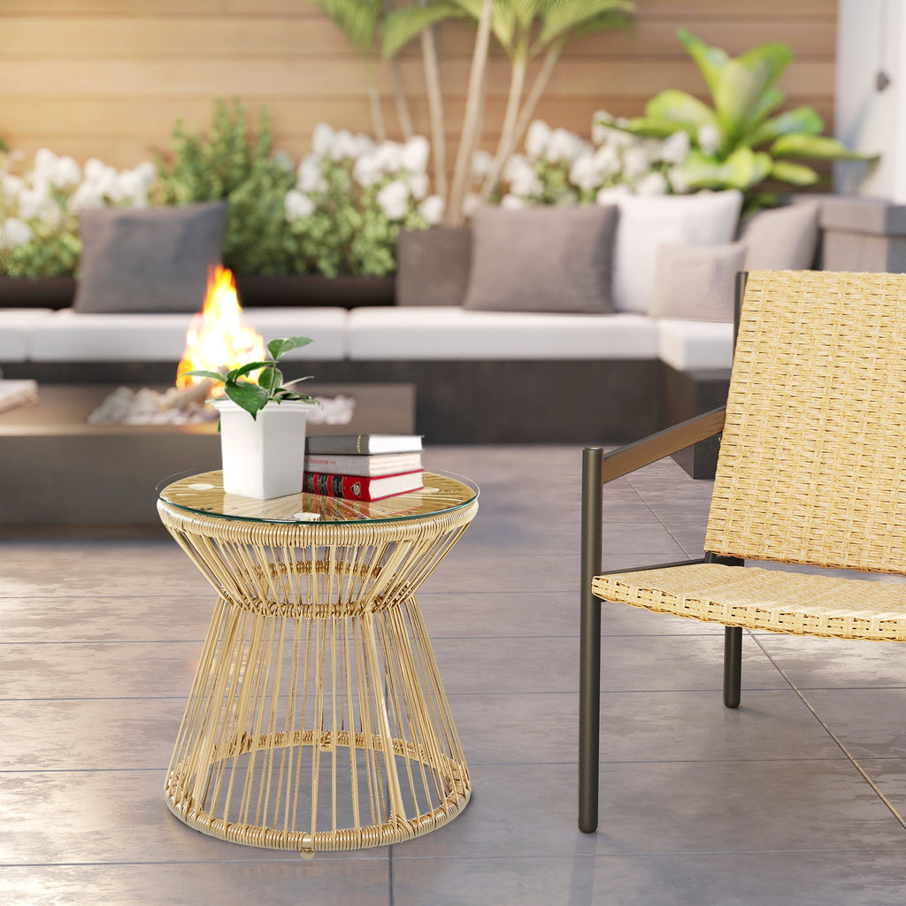 Outsunny Round End Table, Rattan Side Table, Hollow Drum Design Coffee Table w/ Glass Tabletop for Patio, Garden, Balcony Natural