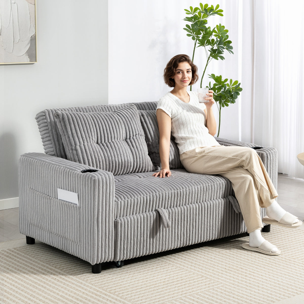 2 Seater Click Clack Sofa Bed with Pull Out Design, Corduroy Upholstery - Light Grey