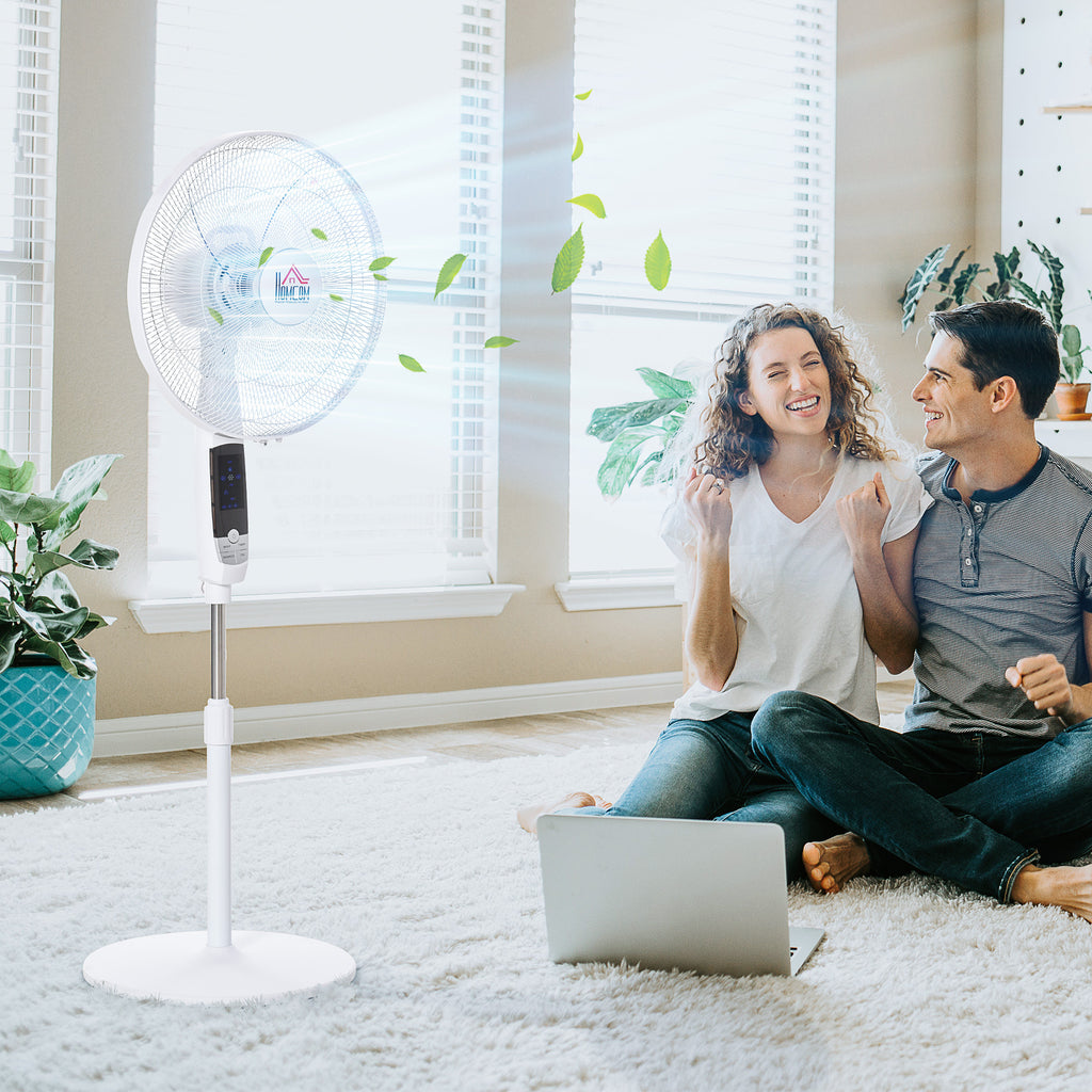 16'' Pedestal Stand Fan, 3 Speed 3 Mode, 85° Oscillation, LED Panel, 3M Remote Controller, Height Adjustable for Living Room, Bedroom, Garage, Office, Black and White