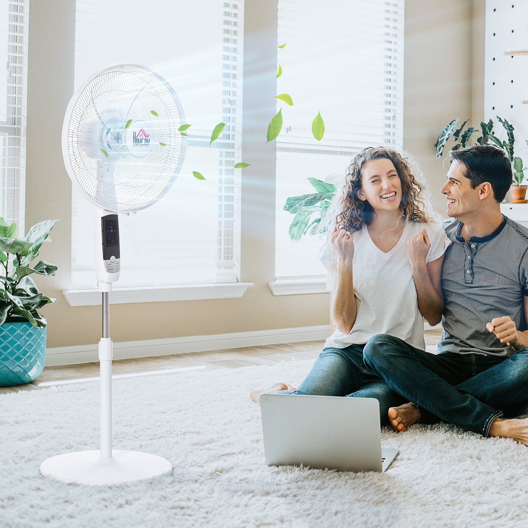 16'' Pedestal Stand Fan, 3 Speed 3 Mode, 85° Oscillation, LED Panel, 3M Remote Controller, Height Adjustable for Living Room, Bedroom, Garage, Office, Black and White