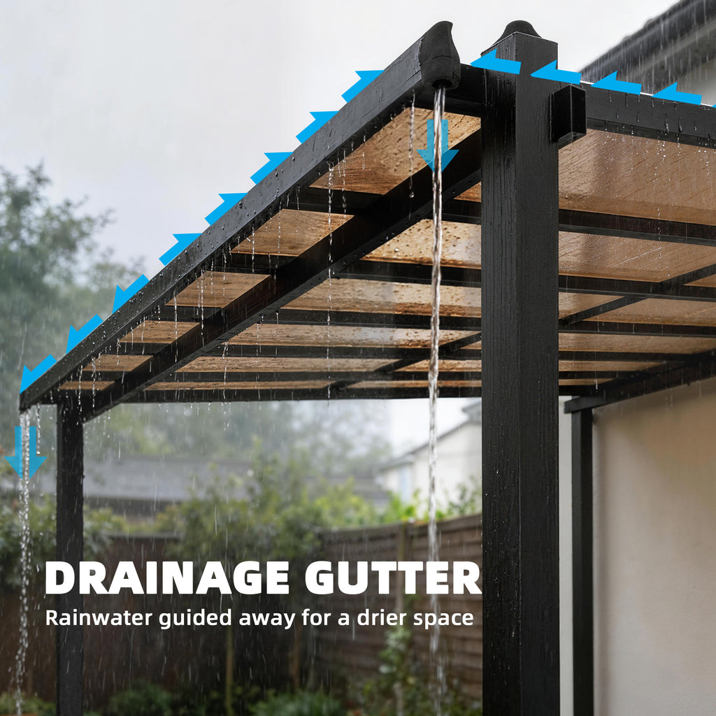 Outsunny 3.6 x 3 m Lean to Garden Pergola with PC Roof, Aluminium Frame Hardtop Gazebo Pergola with Drainage Gutters, Dark Grey