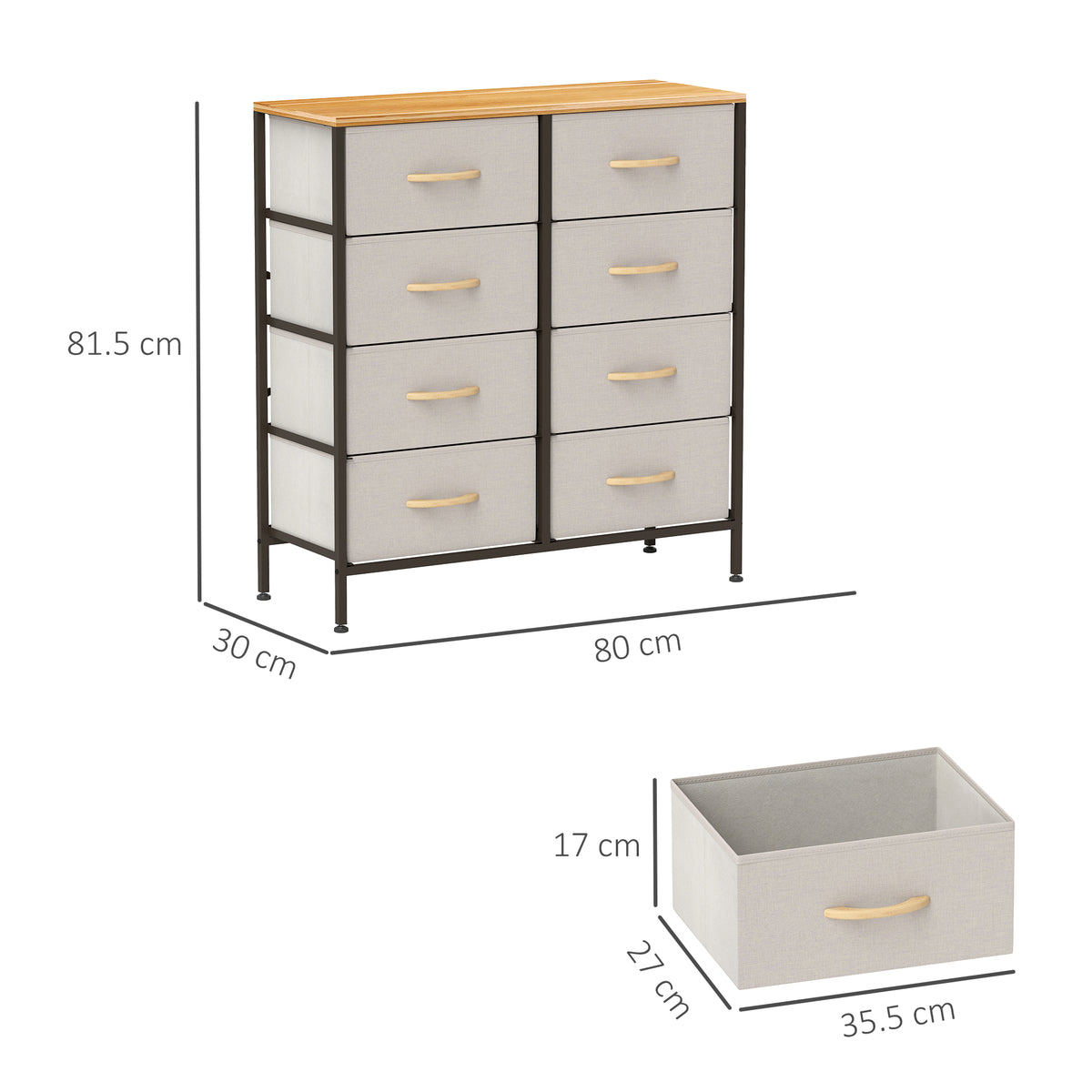 Fabric Chest of Drawers, Industrial Bedroom Dresser with 8 Fabric Drawers, Steel Frame and Wooden Top for Nursery, Living Room, Hallway, Cream White