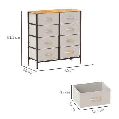 Fabric Chest of Drawers, Industrial Bedroom Dresser with 8 Fabric Drawers, Steel Frame and Wooden Top for Nursery, Living Room, Hallway, Cream White