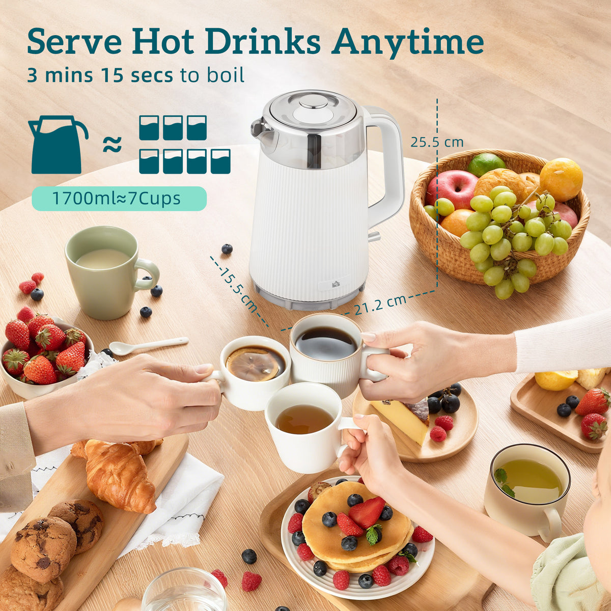 Electric Stainless Steel Kettle and Toaster Set, 3000W 1.7L UK Strix Thermostat Fast Boil Kettle w/ Limescale Filter, Cool Touch Body, 4 Slice Toaster with 7 Browning Levels, White