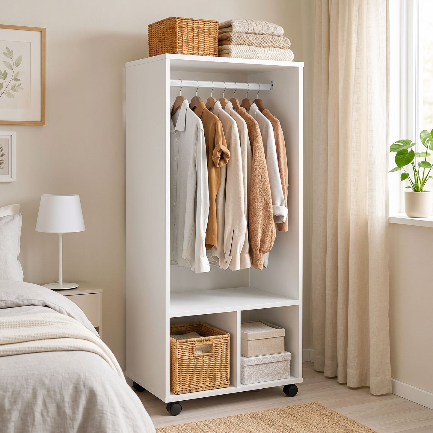 Open Wardrobe on Wheels, Bedroom Wardrobe with Clothes Hanging Rail, 2 Storage Shelves, Mobile Garment Rack for Cloakroom, Hallway, White