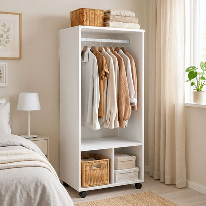 Open Wardrobe on Wheels, Bedroom Wardrobe with Clothes Hanging Rail, 2 Storage Shelves, Mobile Garment Rack for Cloakroom, Hallway, White