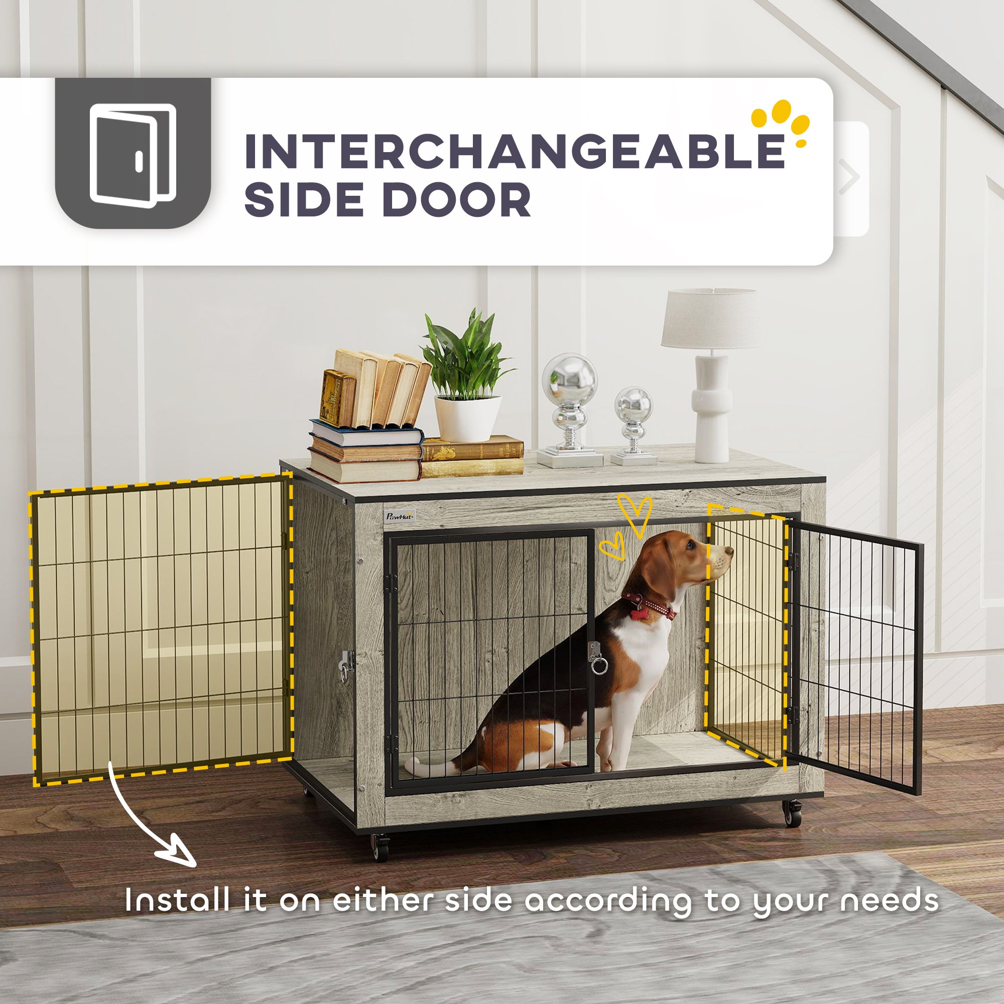 PawHut Dog Crate Furniture with Wheels, Double Doors, for Medium Dogs, Grey
