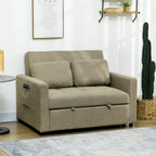 HOMCOM Loveseat Sofa Bed, Convertible Bed Settee with 2 Pillows, Side Pockets, Light Brown
