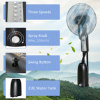 Spray Misting Fan, Floor Fan with Water Mist Spray, 70° Oscillation, Tilt Head, 3 Speeds, 2.8L Water Tank, Black