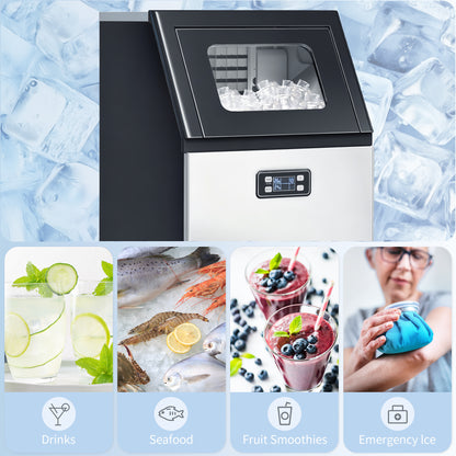 Commercial Ice Maker Machine, Freestanding Stainless Steel Ice Machine with Self-Cleaning, LCD Display, 45kg/24 Hours and 11kg Ice Storage for Home, Office, Bar, Restaurant, Supermarkets