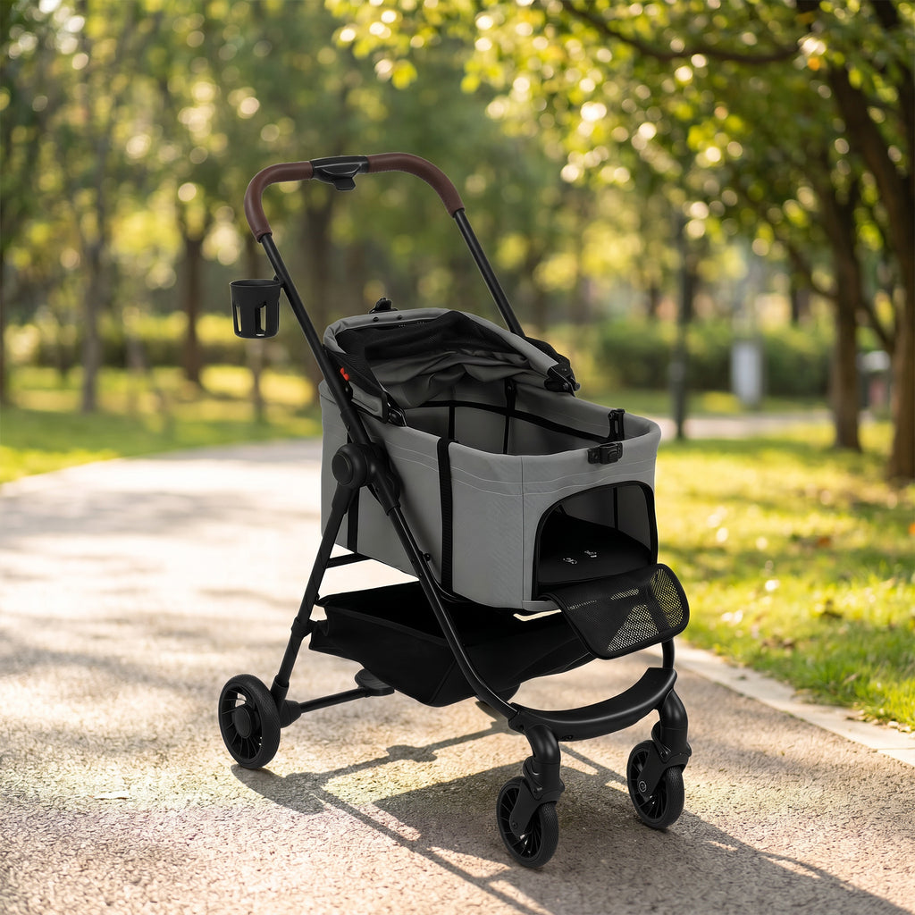 PawHut Dog Stroller, 3 in 1 Foldable Pet Stroller for Small Puppy Cat with Detachable Travel Carrier, Storage Basket, Grey