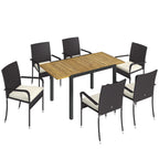 Outsunny 7 Piece Rattan Garden Furniture Set, 6 Seater Garden Table and 6 Stackable Chairs with Extendable Acacia Wood Tabletop