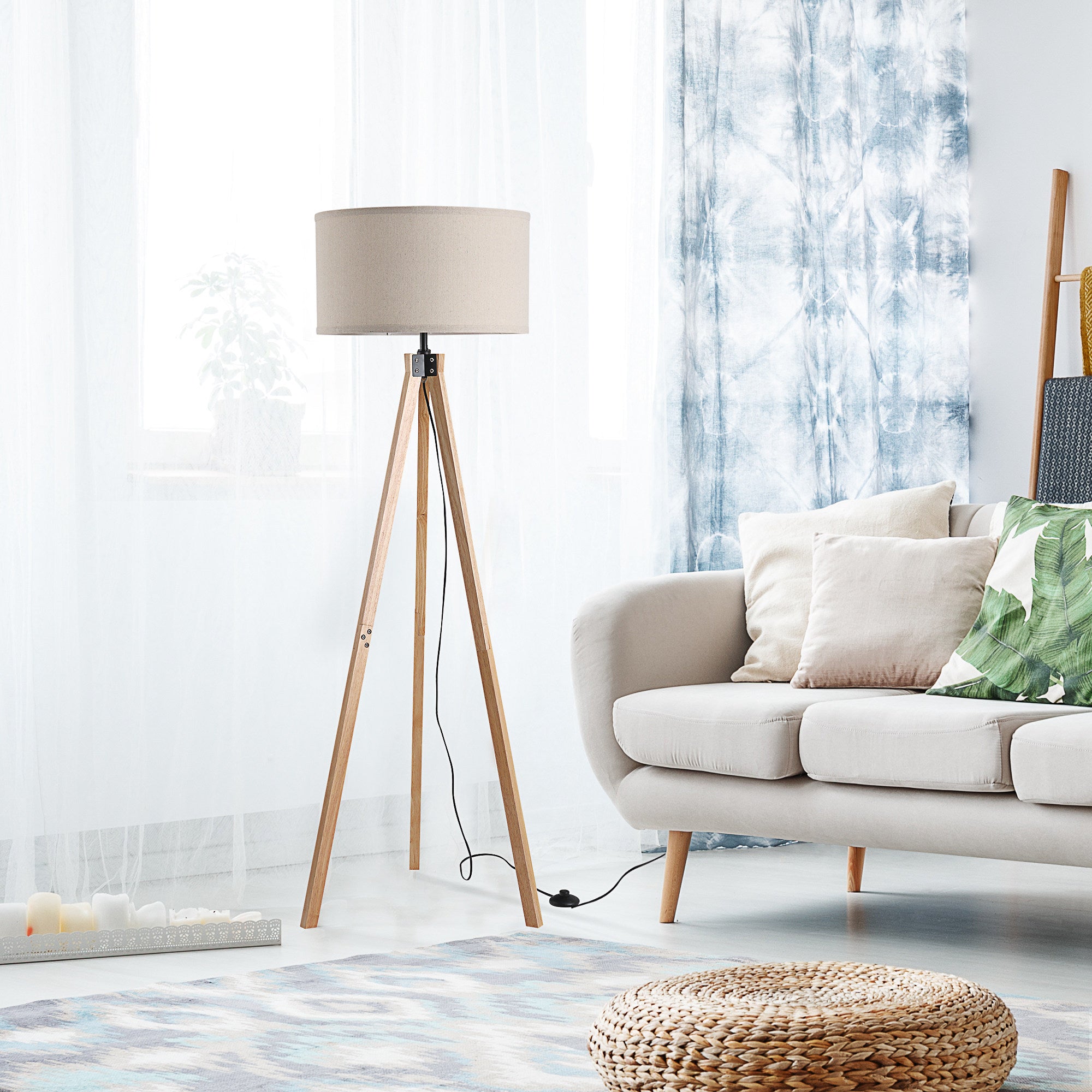 Floor Lamp with Elegant Wood Tripod, Free Standing E27 Bulb Lamp Versatile Use For Home Office - Beige