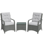 Outsunny 3 Pieces Rattan Bistro Set, Wicker Garden Furniture Set with Metal Frame, Cover, Glass Top Coffee Table, Light Grey
