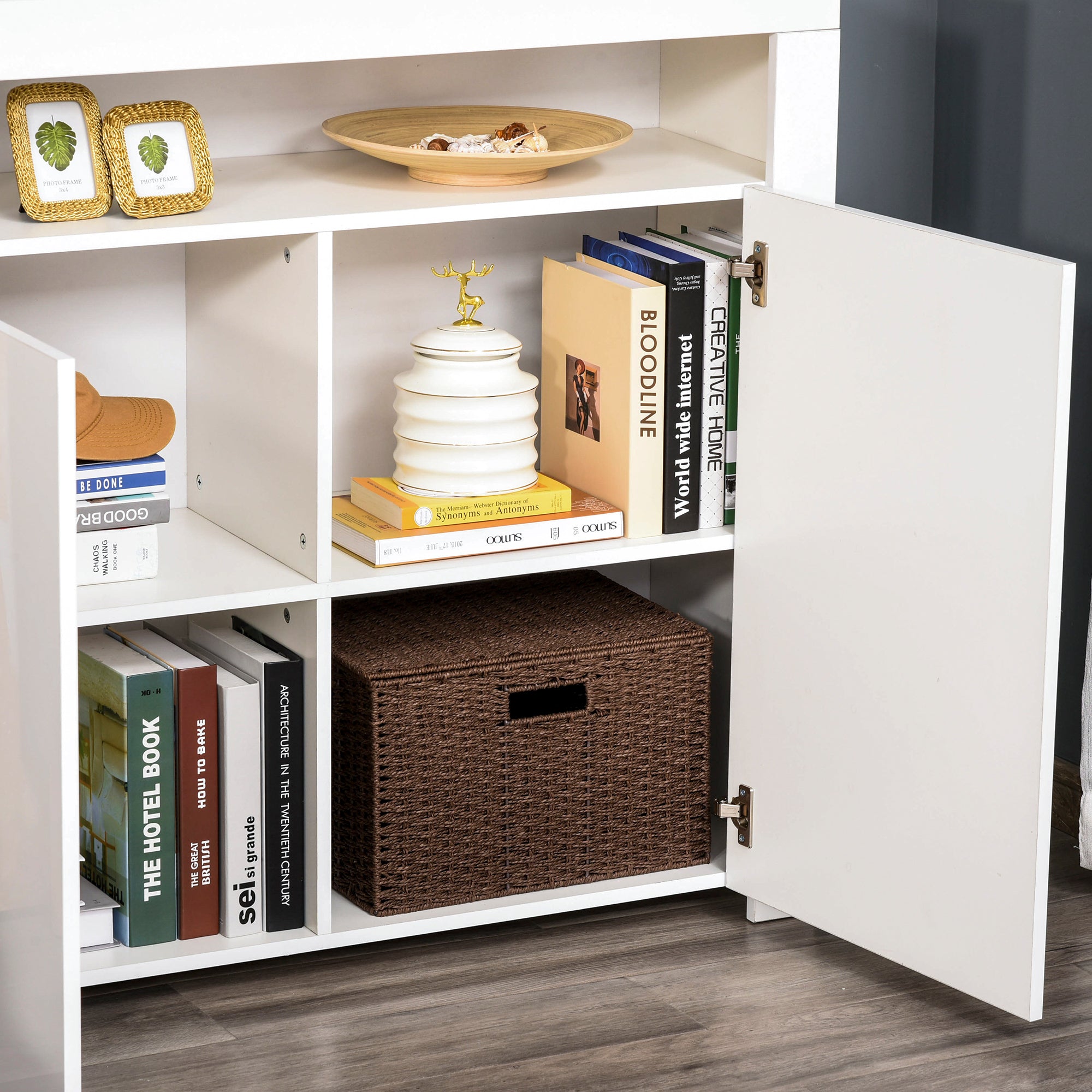 HOMCOM 2-Door Sideboard with LED Light, High Gloss Lighted Storage Cabinet with Shelves and Open Compartment, Modern Kitchen Sideboard for Dining Room, Living Room, 107 x 35 x 97cm, White