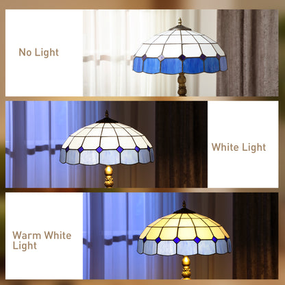 Tiffany-Style Floor Lamp with Handcrafted Stained Glass Shade, 152cm Tall Vintage Standing Lamp with Foot Switch and Dual Sockets for Living Room Bedroom, Bronze Tone and Blue