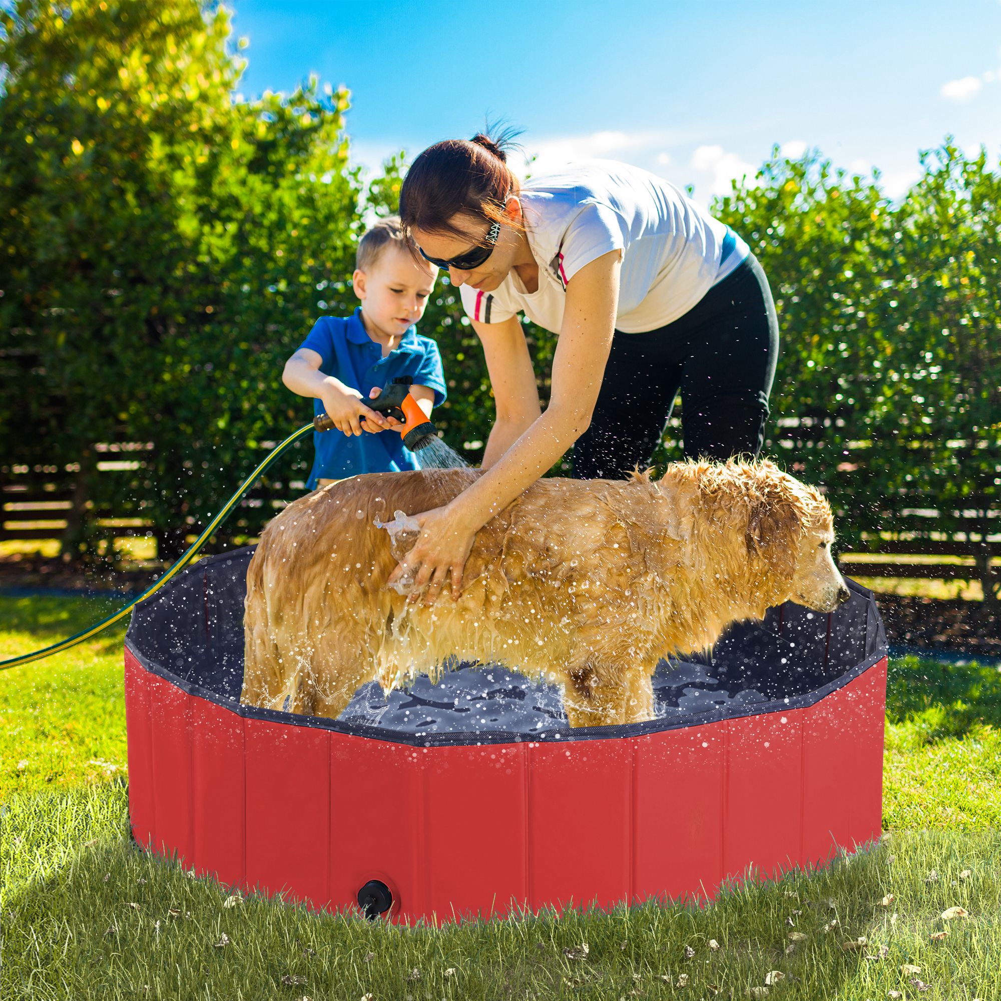 PawHut Dog Paddling Pool, Foldable Dog Pool, Leakproof & Hard Plastic, Portable Pet Bathtub with Non-Slip Base & Drainage Hole, for Indoors, Outdoors, Garden, Patio, 120 x 30 cm, Red