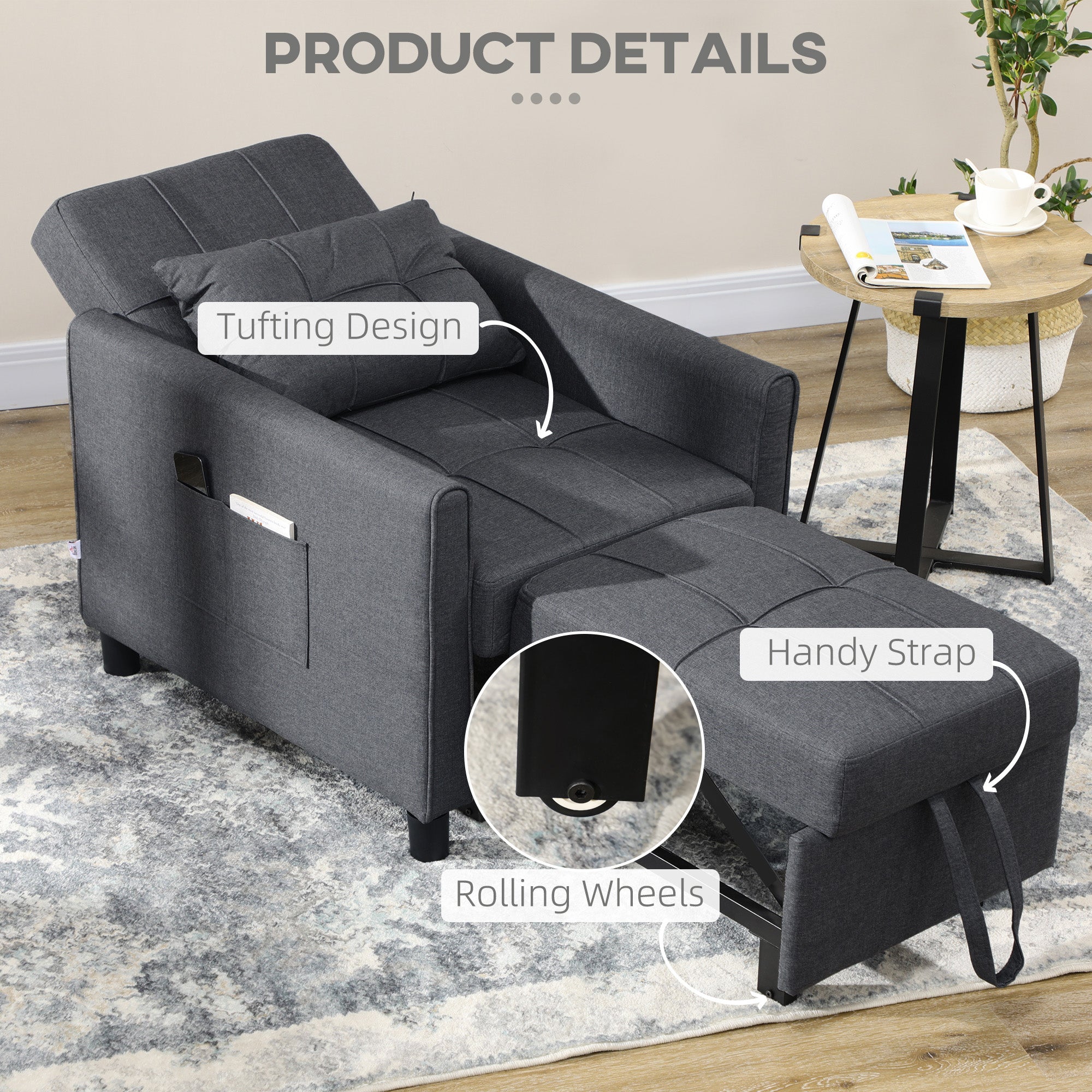 HOMCOM 3-In-1 Linen-Look Single Chair Bed with Adjustable Back & Eucalyptus Wood Sofa Frame - Grey