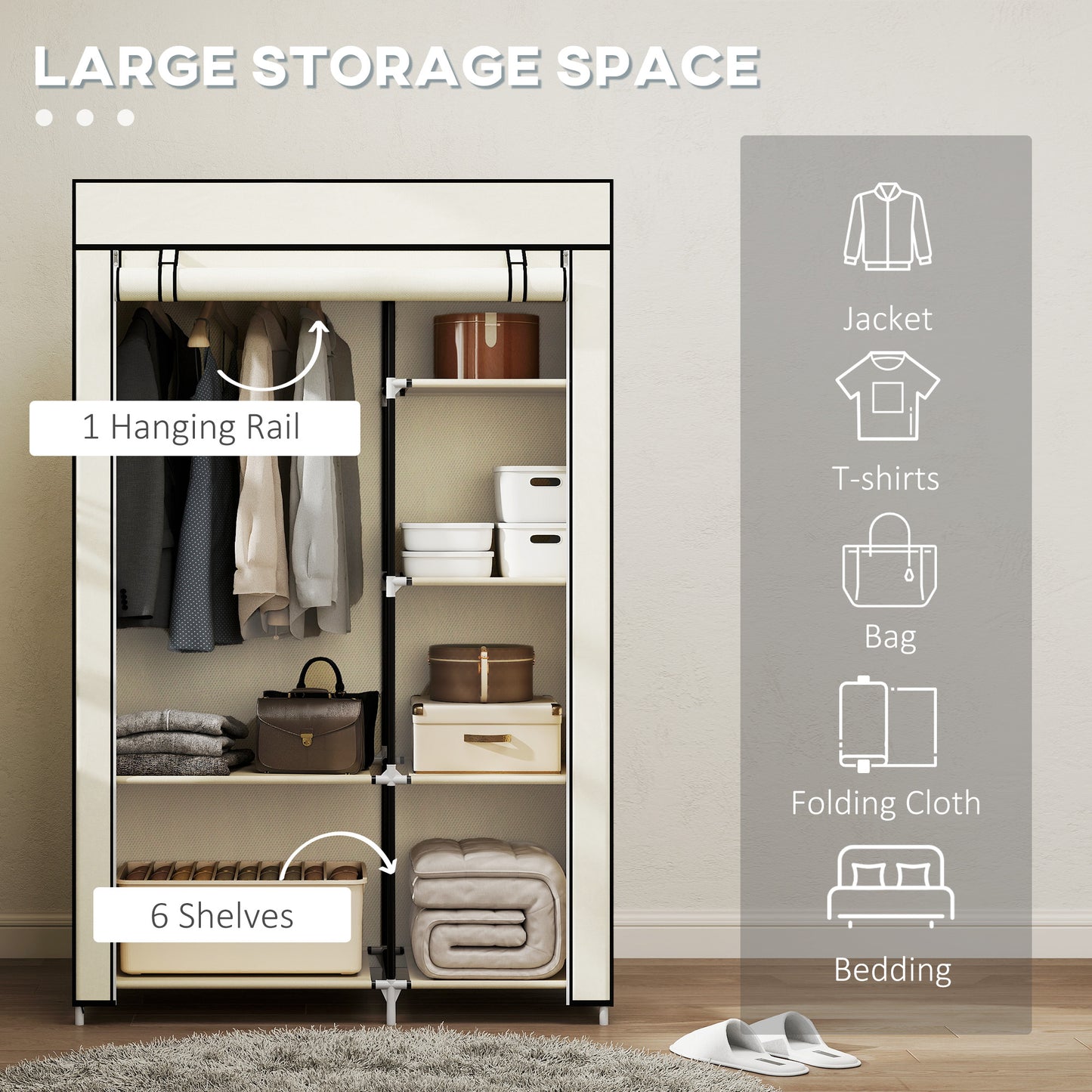 Fabric Wardrobe w/ Shelves Hanging Rail Foldable Wardrobe Cream