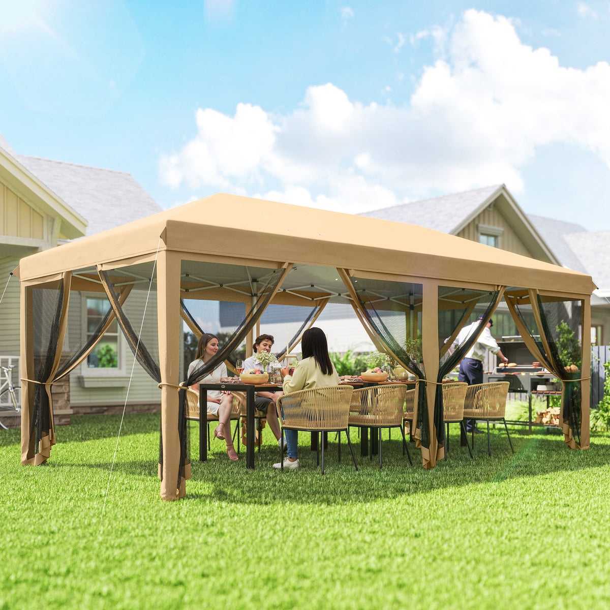 Outsunny 3 x 6m Pop Up Gazebo, Outdoor Canopy Shelter, Marquee Party Wedding Tent with 6 Mesh Walls and Carry Bag, Beige