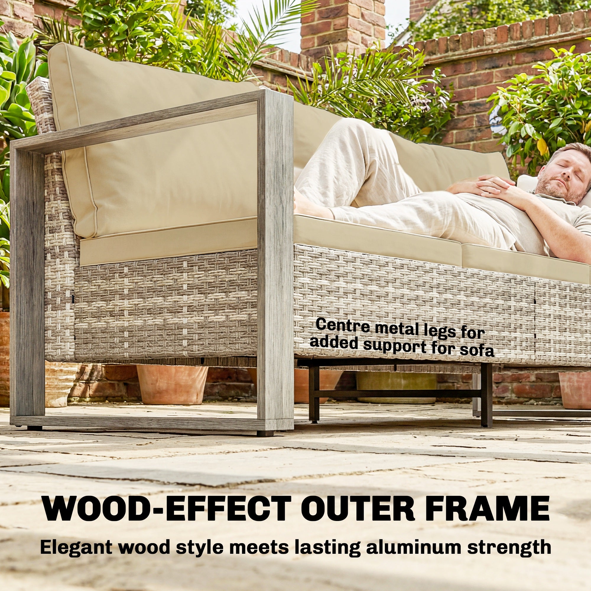 Outsunny Rattan Garden Set, 4 Piece Rattan Garden Furniture Set with 3-Seater Sofa, Armchairs, Table, Aluminium Frame Patio Furniture, Khaki