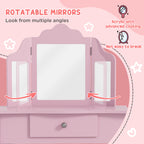 HOMCOM Kids Vanity Table and Chair Set with Tri-Folding Mirror and Stool, Makeup Dressing Table with Drawer, Pink
