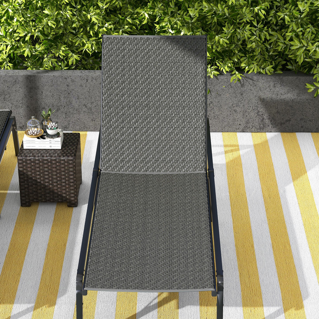 Outsunny Foldable Outdoor PE Rattan Sun Lounger Set of 2, Patio Wicker Recliners Lounge Chair w/ 5-Level Adjustable Backrest, for Poolside, Garden, Grey