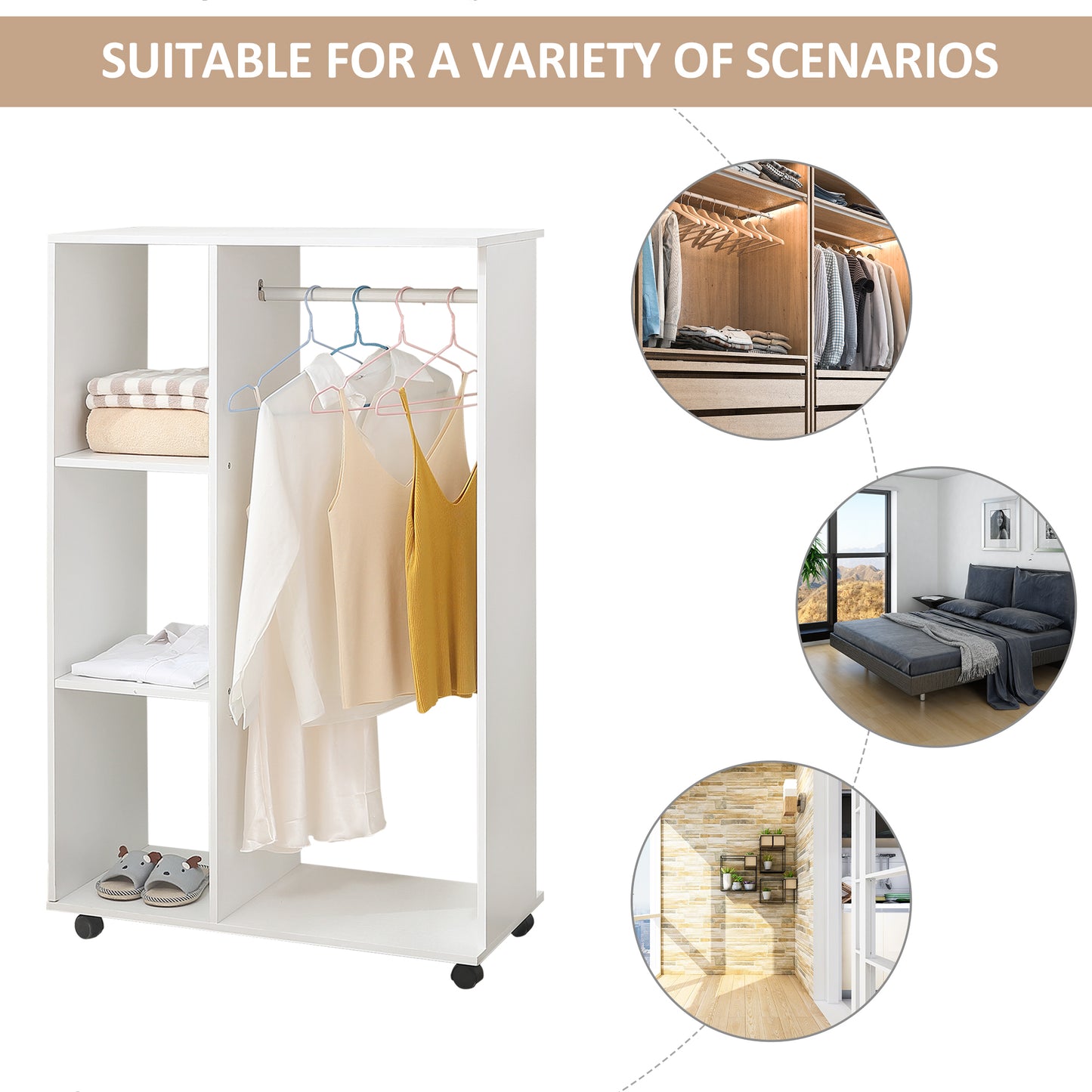 Open Wardrobe on Wheels, Bedroom Wardrobe with Clothes Hanging Rail, 3 Storage Shelves, Mobile Garment Rack for Cloakroom, Hallway, White