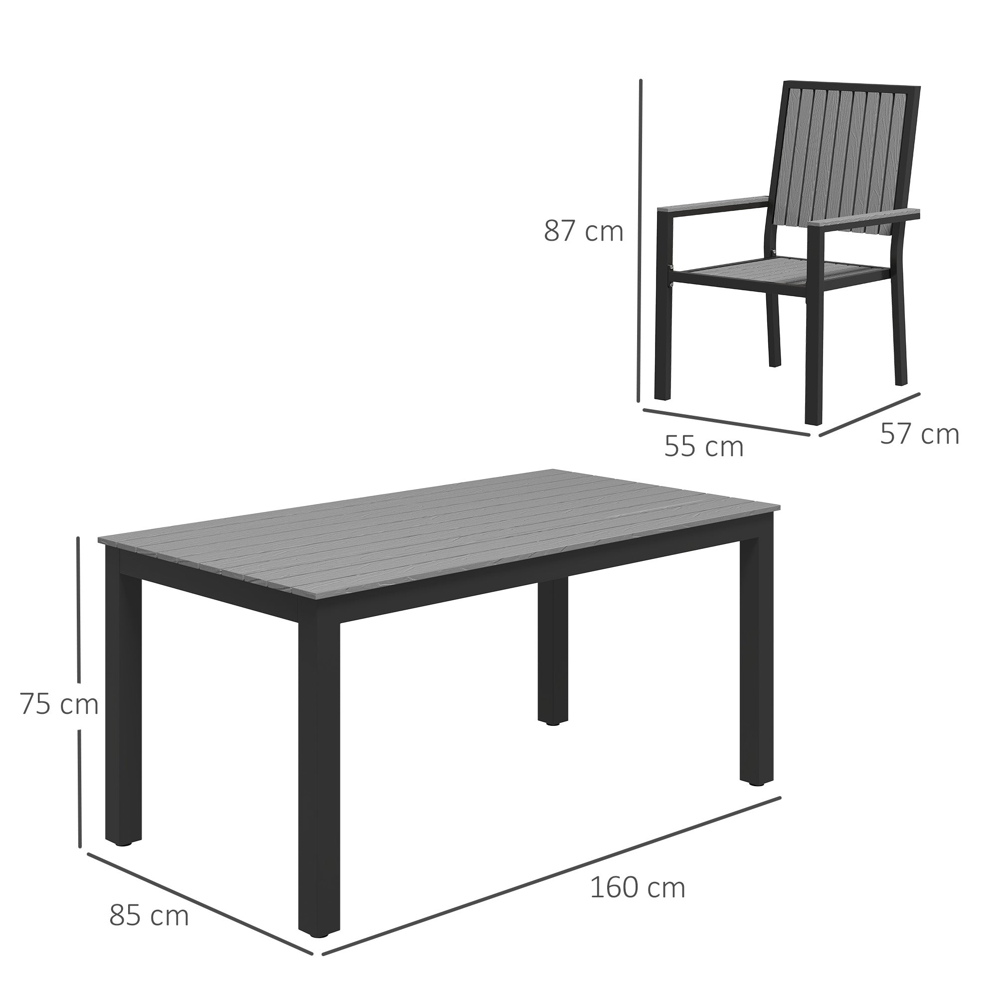 Outsunny 6 Seater Garden Dining Set with Stackable Chairs, Aluminium Frame, Rectangular Plastic Top, Garden Furniture Set, Outdoor Dining Table and Chairs for Patio, Balcony, Poolside, Grey