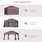 Outsunny 3 x 4m Aluminium Garden Gazebo, Marquee Canopy Shelter Pavilion Party Tent with Nets and Curtains for Garden and Deck, Coffee