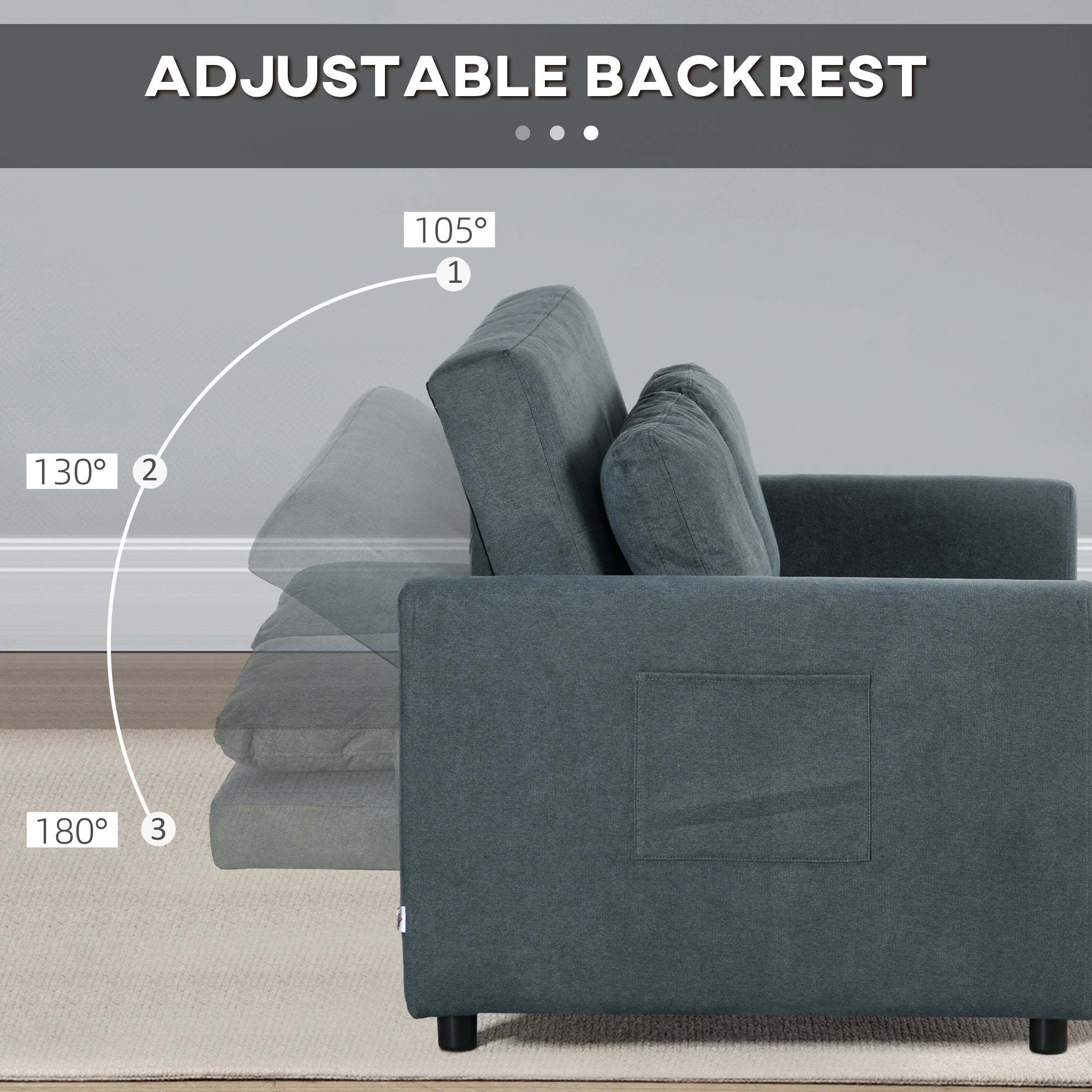 HOMCOM Loveseat Sofa Bed, Convertible Bed Settee with 2 Pillows, Side Pockets, Charcoal Grey