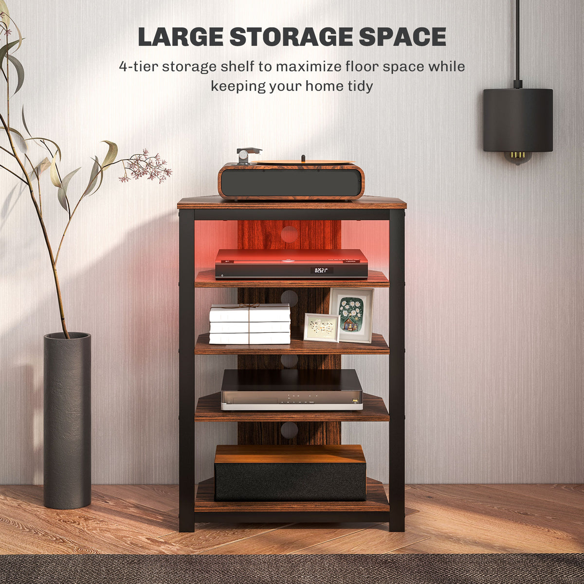 4-Tier Corner TV Stand with Storage, LED Lights, Cable Management, Small Entertainment Centre for TVs up to 29", for Living Room, Bedroom, Brown Wood Effect