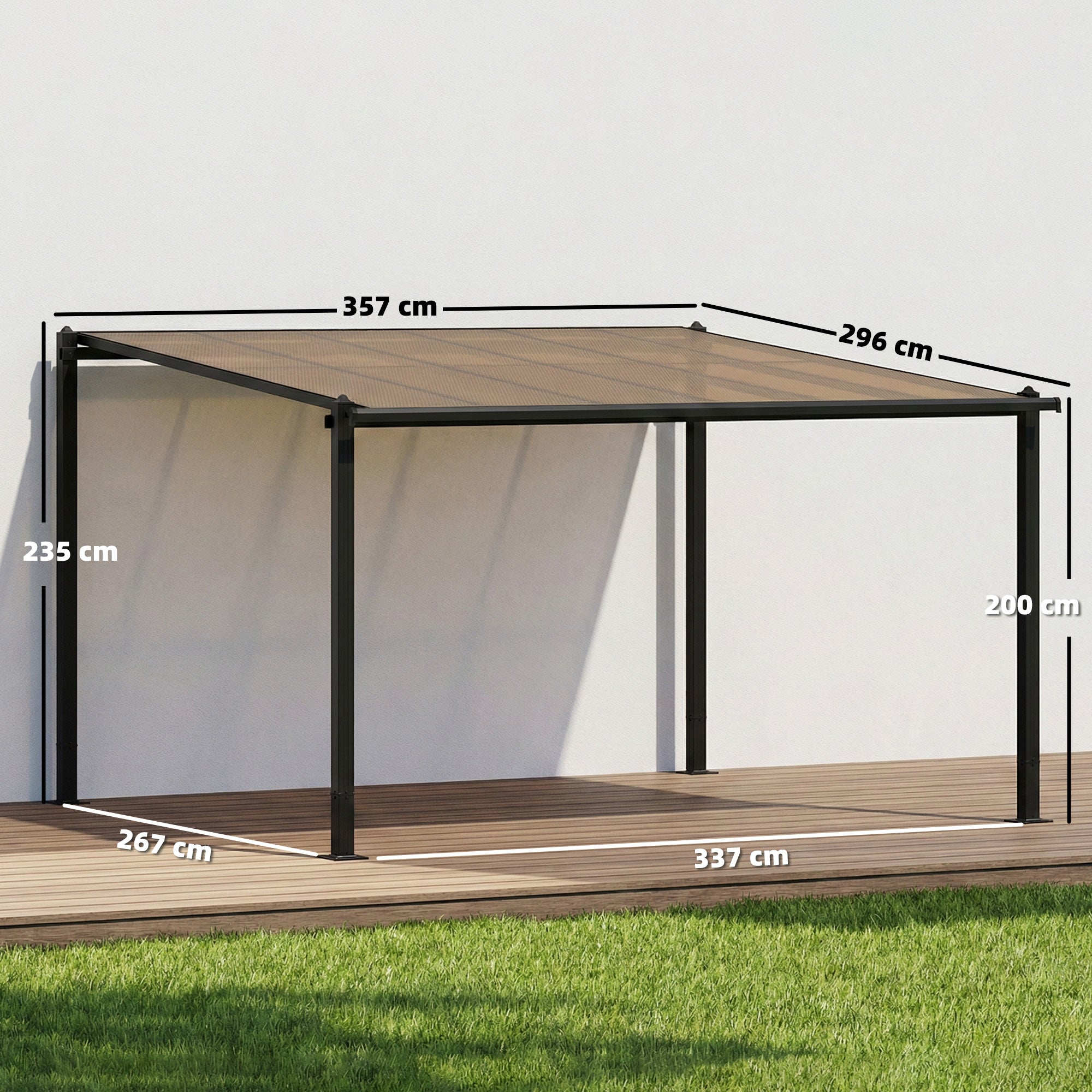 Outsunny 3.6 x 3 m Lean to Garden Pergola with PC Roof, Aluminium Frame Hardtop Gazebo Pergola with Drainage Gutters, Dark Grey