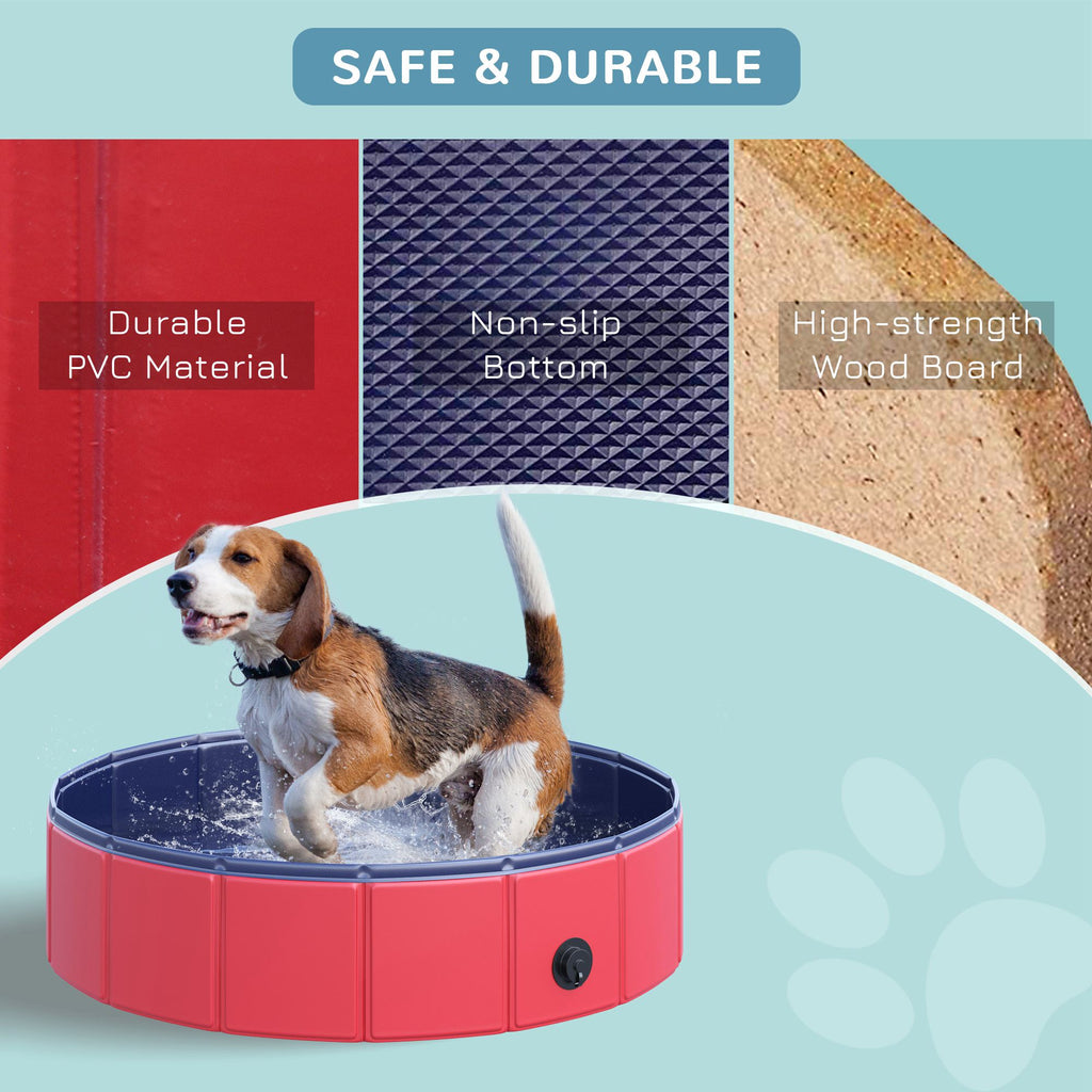 PawHut Foldable Dog Pool for Puppies and Ducks, Thickened PVC Dog Paddling Pool Bath Tub Hard Board, Anti-Slip Bottom and Drainage Hole, 80 x 20cm, Red and Blue