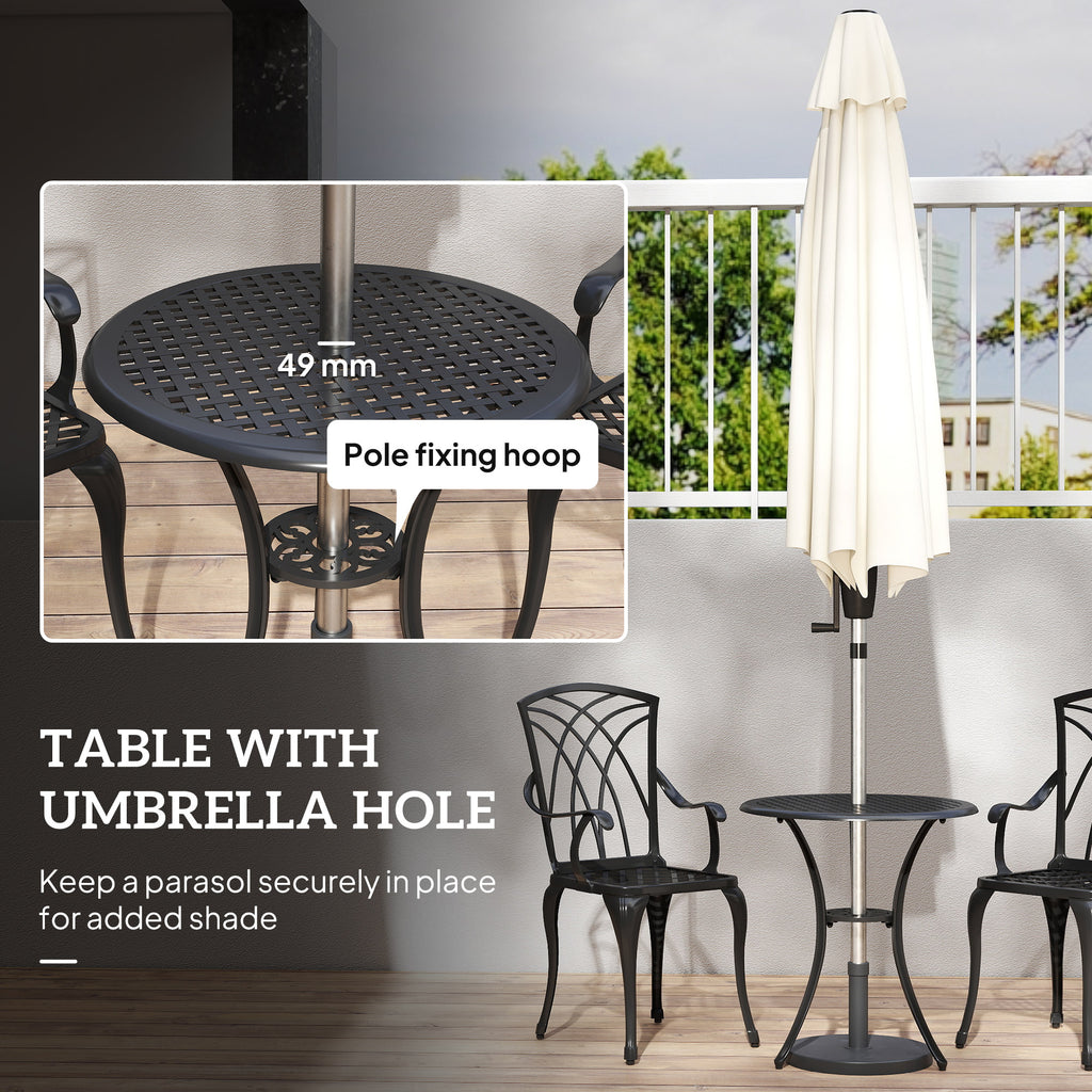 Outsunny 3 Pieces Garden Dining Set for 2, Cast Aluminium Outdoor Dining Set with 2 Armchairs and Round Dining Table with Parasol Hole, Garden Furniture Bistro Set, Brown
