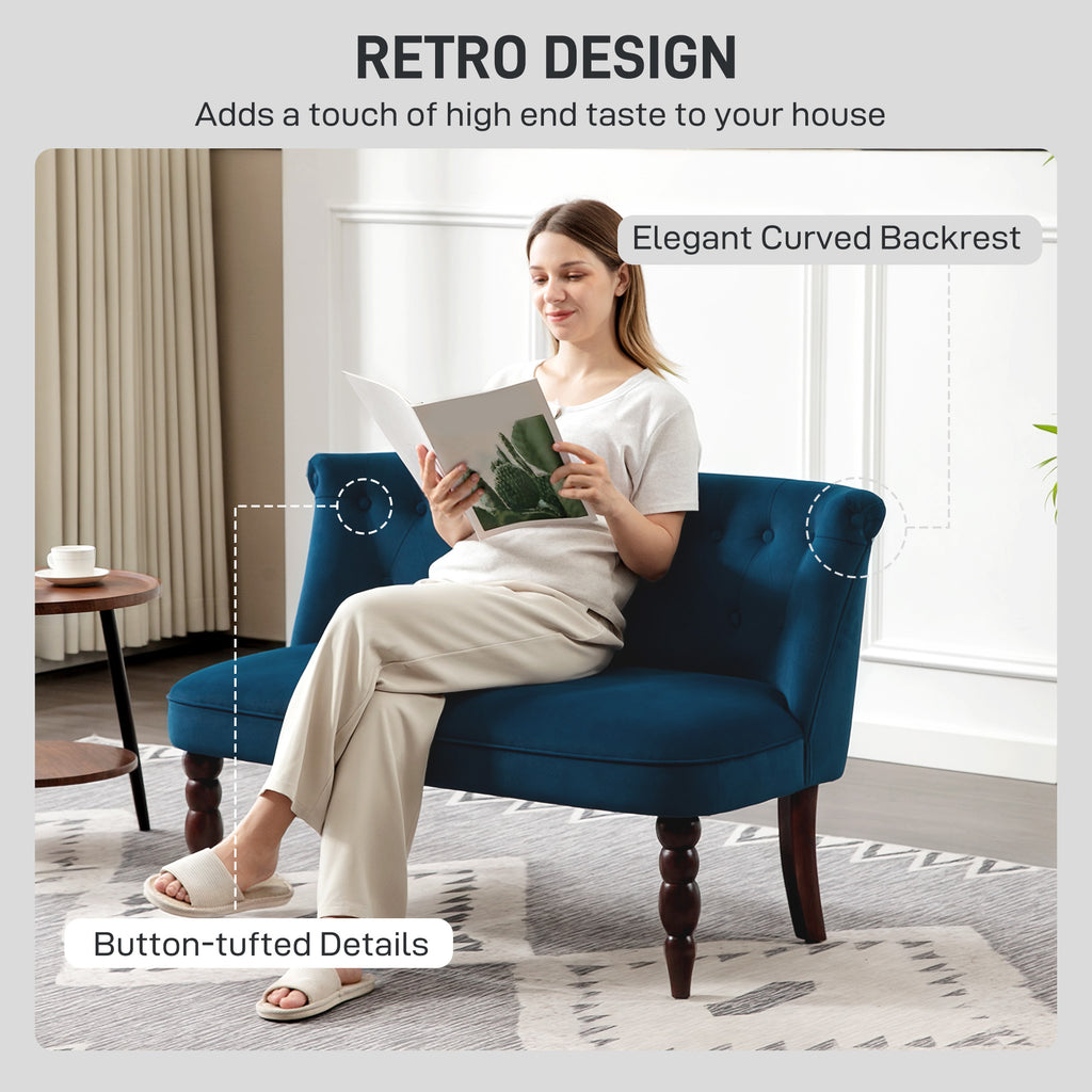 HOMCOM Velvet 2 Seater Sofa, Button Tufted Wingback Loveseat with Rubber Wood Legs for Living Room, Bedroom, Dark Blue