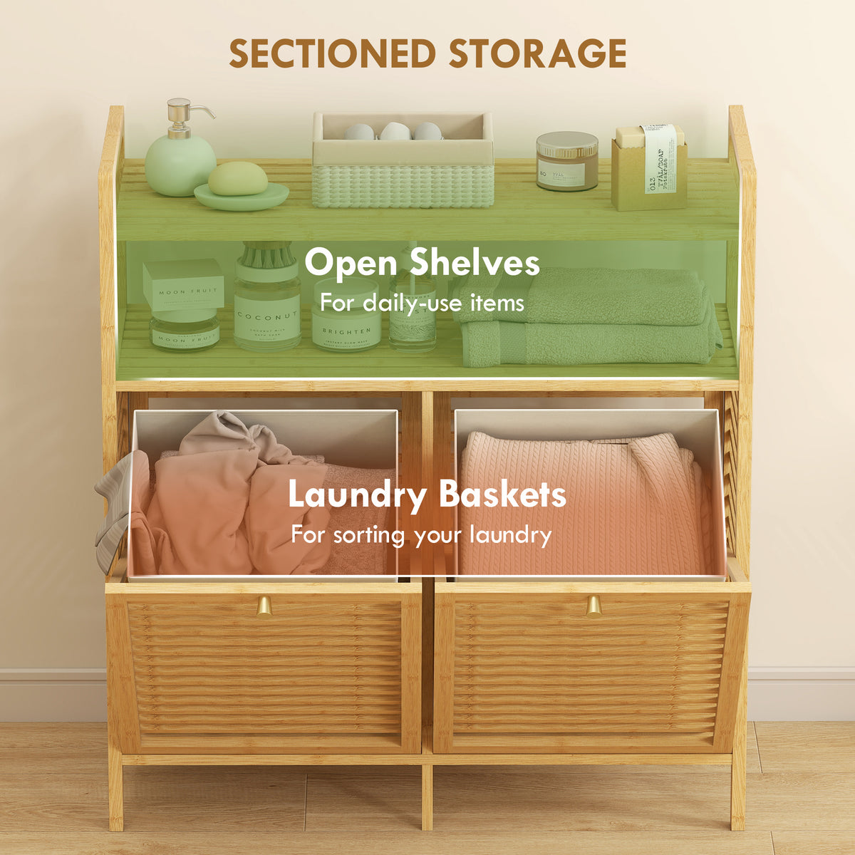 Double Tilt Out Bamboo Laundry Cabinet, Freestanding Bathroom Cabinet with 2 Removable Baskets, Natural