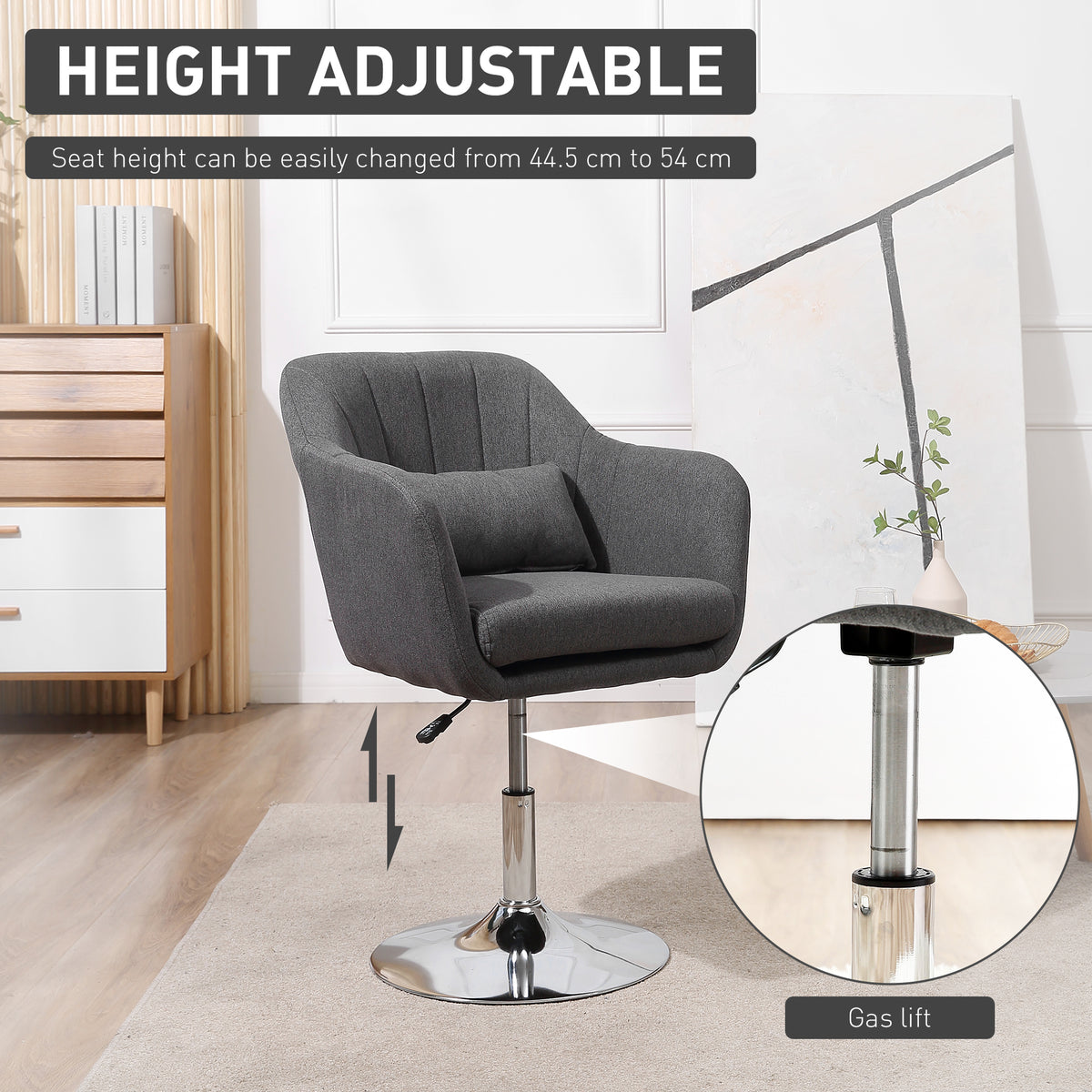 Swivel Accent Chair, Linen Fabric Tub Vanity Chair, Modern Armchair with Adjustable Height and Lumbar Support for Living Room Bedroom Salon Make up Room Dressing Table, Dark Grey