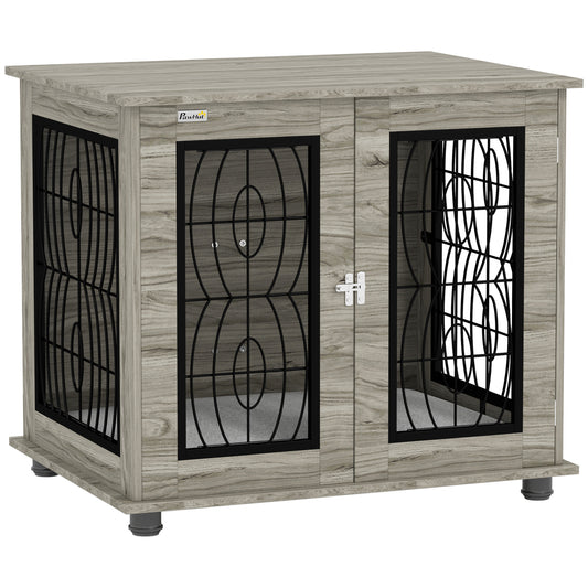 PawHut Indoor Dog Crate Furniture End Table with Soft Washable Cushion, Lockable Front Door, for Medium Dogs - Black