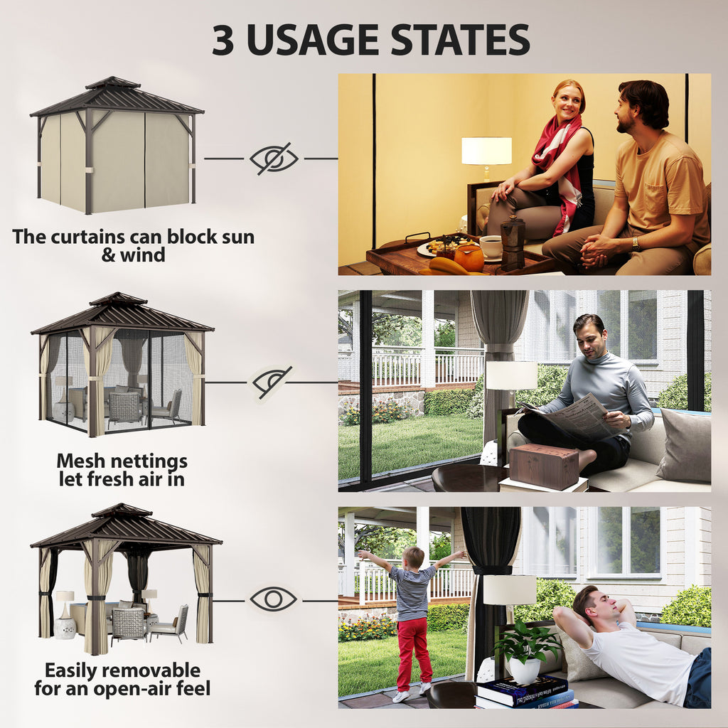 Outsunny 3x3 m Hardtop Gazebo Canopy with UPF50+ Double Galvanised Steel Roof, Aluminium Garden Gazebo Permanent Pavilion, Brown
