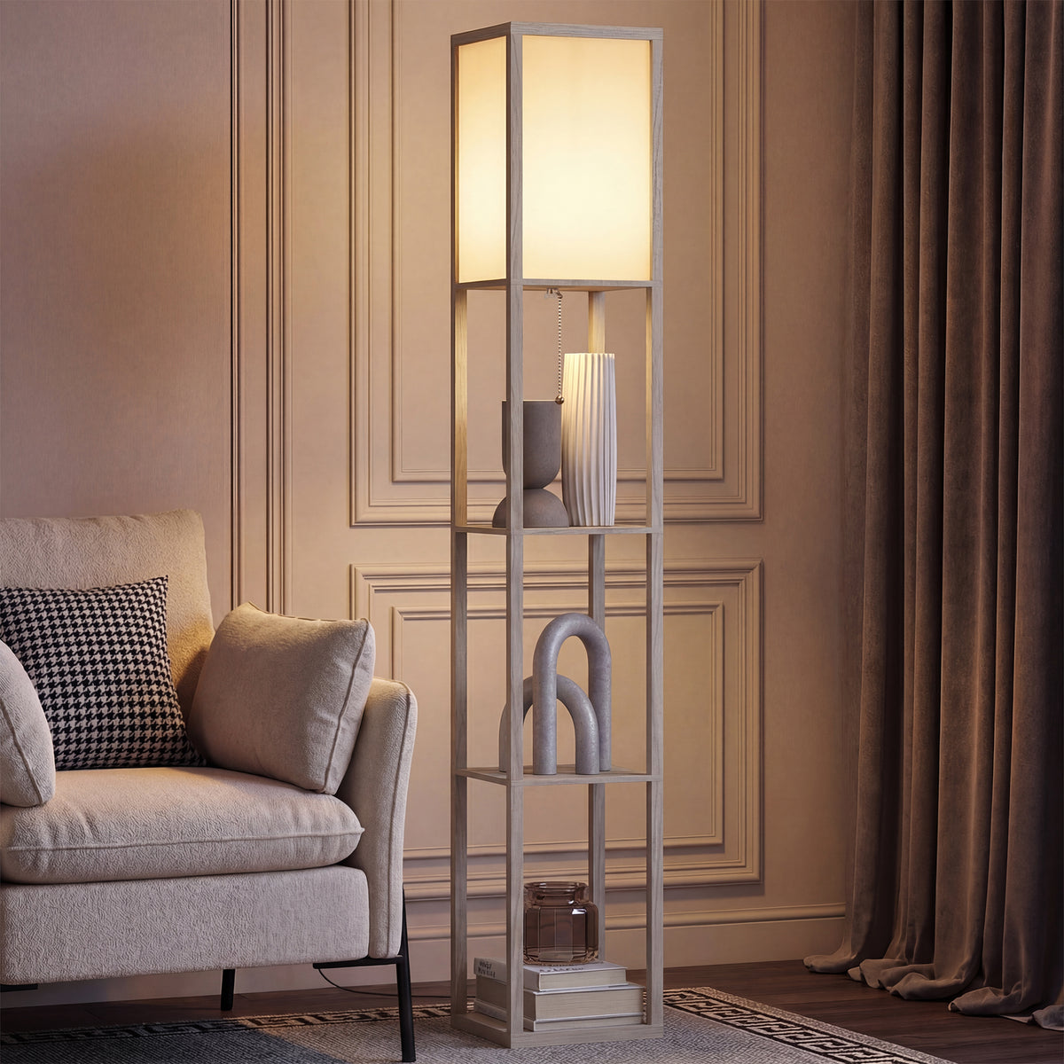 3-Tier Floor Lamp with Shelves and Storage, Modern Corner Standing Lamp with Lampshade, Reading Light with Foot Switch for Living Room, Bedroom, Home Office, Bulb not Included, Oak