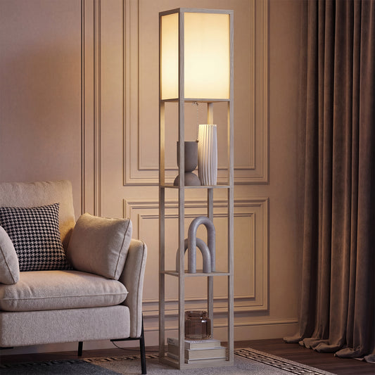 3-Tier Floor Lamp with Shelves and Storage, Modern Corner Standing Lamp with Lampshade, Reading Light with Foot Switch for Living Room, Bedroom, Home Office, Bulb not Included, Oak