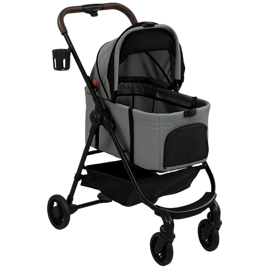 PawHut Dog Stroller, 3 in 1 Foldable Pet Stroller for Small Puppy Cat with Detachable Travel Carrier, Storage Basket, Grey